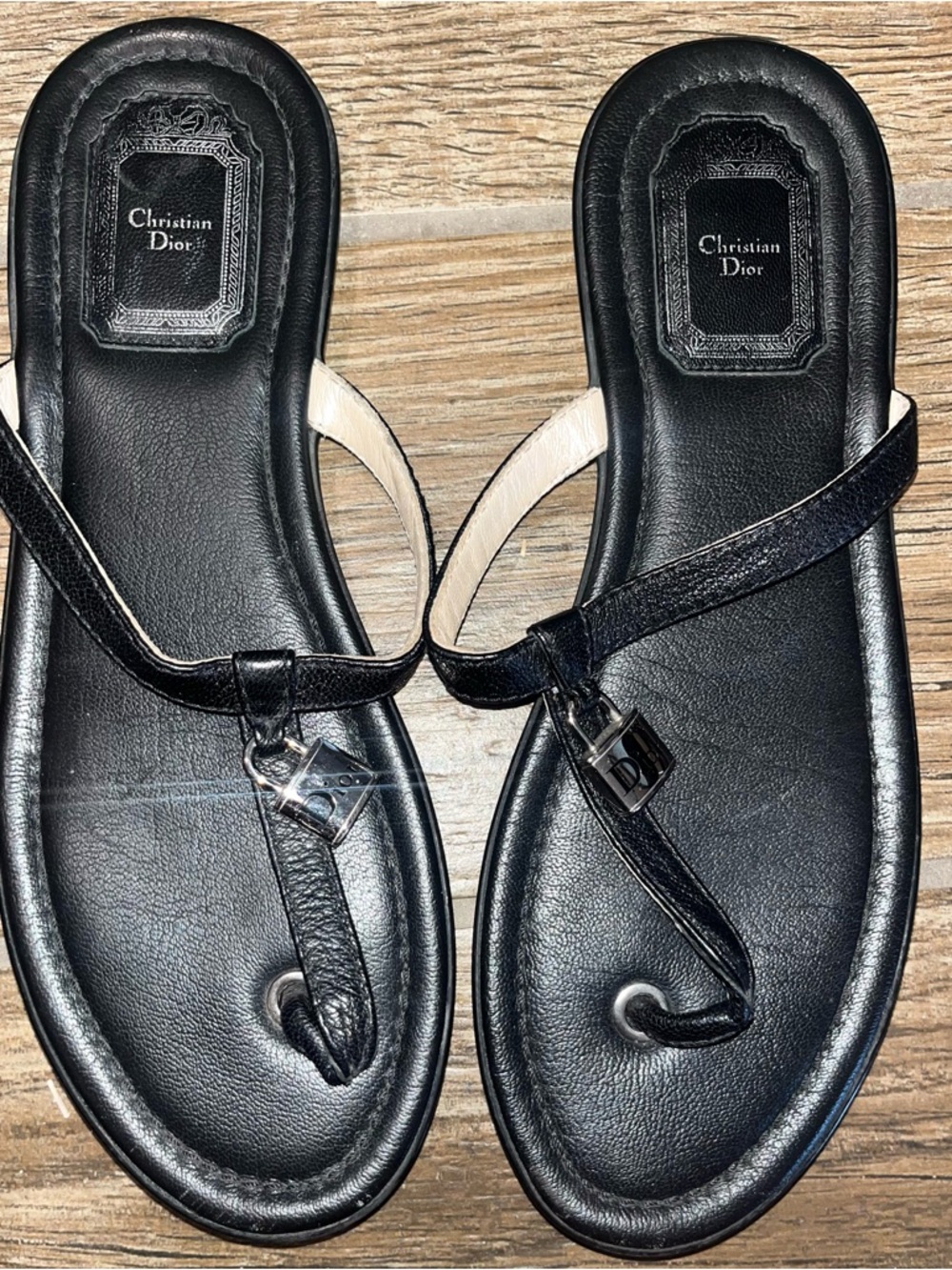 Christian Dior Black Leather T-Strap Logo Charm Sandals - Picture 1 of 4